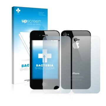 Vorderseite einer Produktverpackung mit dem Markenlogo upscreen. Daneben ist das Gerät Apple iPhone 4S (Display+Rückseite) mit