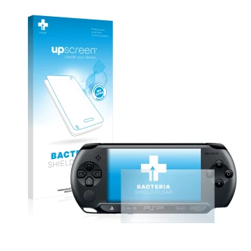 Vorderseite einer Produktverpackung mit dem Markenlogo upscreen. Daneben ist das Gerät Sony PSP Street E1004 mit dem zugehörig