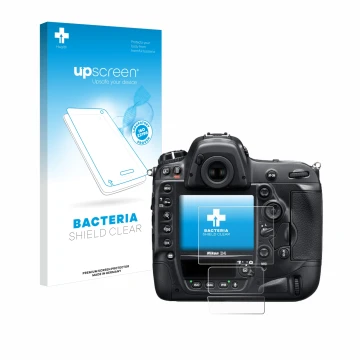 Vorderseite einer Produktverpackung mit dem Markenlogo upscreen. Daneben ist das Gerät Nikon D4 mit dem zugehörigen Displaysch