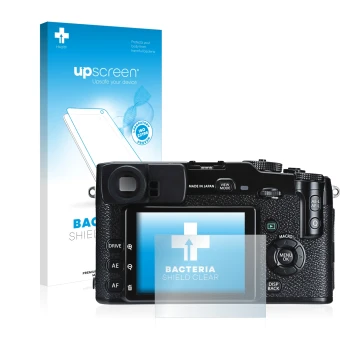 Vorderseite einer Produktverpackung mit dem Markenlogo upscreen. Daneben ist das Gerät Fujifilm X-Pro1 mit dem zugehörigen Dis