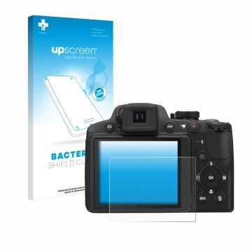 Vorderseite einer Produktverpackung mit dem Markenlogo upscreen. Daneben ist das Gerät Nikon Coolpix P510 mit dem zugehörigen 