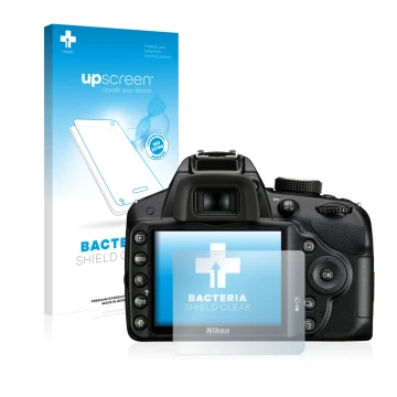 Vorderseite einer Produktverpackung mit dem Markenlogo upscreen. Daneben ist das Gerät Nikon D3200 mit dem zugehörigen Display