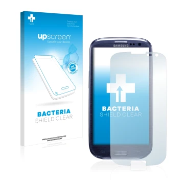 Vorderseite einer Produktverpackung mit dem Markenlogo upscreen. Daneben ist das Gerät Samsung Galaxy S3 I9300 mit dem zugehör