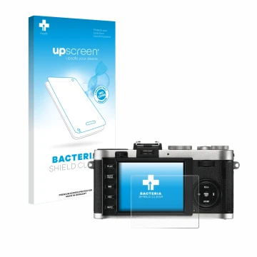 Vorderseite einer Produktverpackung mit dem Markenlogo upscreen. Daneben ist das Gerät Leica X2 mit dem zugehörigen Displaysch