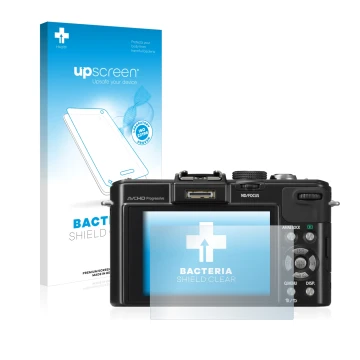 Vorderseite einer Produktverpackung mit dem Markenlogo upscreen. Daneben ist das Gerät Panasonic Lumix DMC-LX7 mit dem zugehör