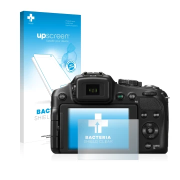 Vorderseite einer Produktverpackung mit dem Markenlogo upscreen. Daneben ist das Gerät Panasonic Lumix DMC-FZ200 mit dem zugeh