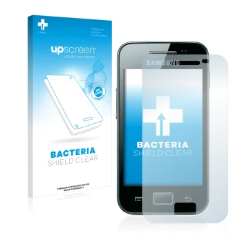 Vorderseite einer Produktverpackung mit dem Markenlogo upscreen. Daneben ist das Gerät Samsung Galaxy Ace S5830i mit dem zugeh