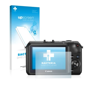 Vorderseite einer Produktverpackung mit dem Markenlogo upscreen. Daneben ist das Gerät Canon EOS M mit dem zugehörigen Display