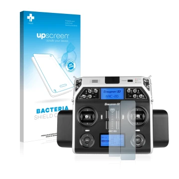 Vorderseite einer Produktverpackung mit dem Markenlogo upscreen. Daneben ist das Gerät Graupner MC-20 HoTT mit dem zugehörigen