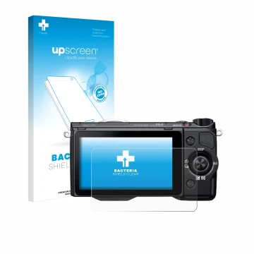 Vorderseite einer Produktverpackung mit dem Markenlogo upscreen. Daneben ist das Gerät Sony Alpha NEX-5R mit dem zugehörigen D