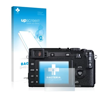 Vorderseite einer Produktverpackung mit dem Markenlogo upscreen. Daneben ist das Gerät Fujifilm X-E1 mit dem zugehörigen Displ