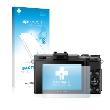 Vorderseite einer Produktverpackung mit dem Markenlogo upscreen. Daneben ist das Gerät Olympus Stylus XZ-2 mit dem zugehörigen