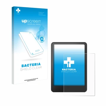 Vorderseite einer Produktverpackung mit dem Markenlogo upscreen. Daneben ist das Gerät Amazon Kindle Paperwhite 2012 mit dem z