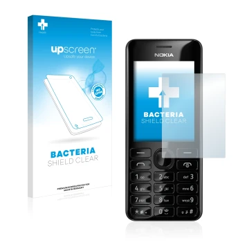 Vorderseite einer Produktverpackung mit dem Markenlogo upscreen. Daneben ist das Gerät Nokia 206 Dual SIM mit dem zugehörigen 