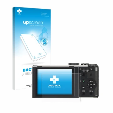 Vorderseite einer Produktverpackung mit dem Markenlogo upscreen. Daneben ist das Gerät Pentax MX-1 mit dem zugehörigen Display