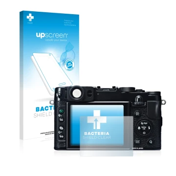Vorderseite einer Produktverpackung mit dem Markenlogo upscreen. Daneben ist das Gerät Fujifilm X20 mit dem zugehörigen Displa