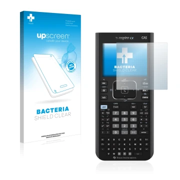 Vorderseite einer Produktverpackung mit dem Markenlogo upscreen. Daneben ist das Gerät Texas Instruments Nspire CX CAS mit dem