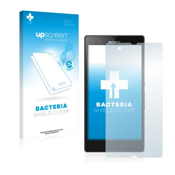 Vorderseite einer Produktverpackung mit dem Markenlogo upscreen. Daneben ist das Gerät Sony Xperia Z C6602 C6603 mit dem zugeh