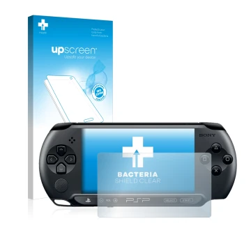 Vorderseite einer Produktverpackung mit dem Markenlogo upscreen. Daneben ist das Gerät Sony PSP 1004 mit dem zugehörigen Displ
