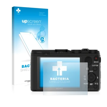 Vorderseite einer Produktverpackung mit dem Markenlogo upscreen. Daneben ist das Gerät Sony Cyber-Shot DSC-HX50V mit dem zugeh