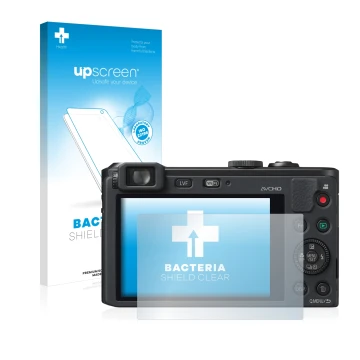 Vorderseite einer Produktverpackung mit dem Markenlogo upscreen. Daneben ist das Gerät Panasonic Lumix DMC-LF1 mit dem zugehör