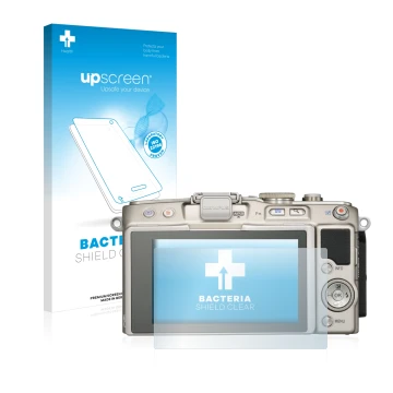 Vorderseite einer Produktverpackung mit dem Markenlogo upscreen. Daneben ist das Gerät Olympus PEN E-PL6 mit dem zugehörigen D