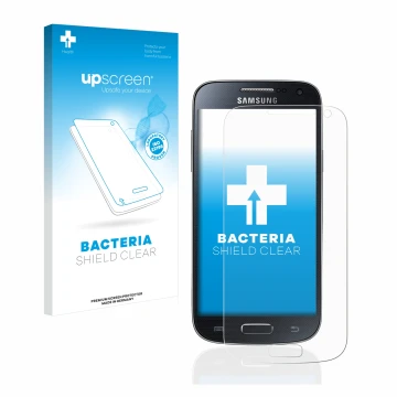 Vorderseite einer Produktverpackung mit dem Markenlogo upscreen. Daneben ist das Gerät Samsung Galaxy S4 Mini mit dem zugehöri