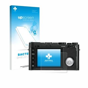 Vorderseite einer Produktverpackung mit dem Markenlogo upscreen. Daneben ist das Gerät Leica X Vario mit dem zugehörigen Displ