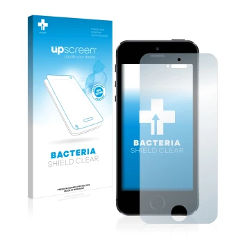 Vorderseite einer Produktverpackung mit dem Markenlogo upscreen. Daneben ist das Gerät Apple iPhone 5S mit dem zugehörigen Dis