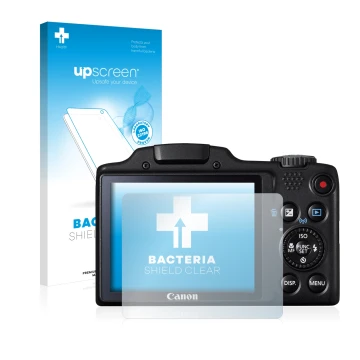 Vorderseite einer Produktverpackung mit dem Markenlogo upscreen. Daneben ist das Gerät Canon PowerShot SX510 HS mit dem zugehö