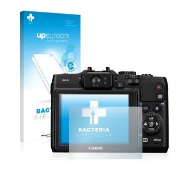 Vorderseite einer Produktverpackung mit dem Markenlogo upscreen. Daneben ist das Gerät Canon PowerShot G16 mit dem zugehörigen
