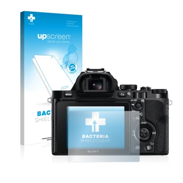 Vorderseite einer Produktverpackung mit dem Markenlogo upscreen. Daneben ist das Gerät Sony Alpha 7 (ILCE-7) mit dem zugehörig