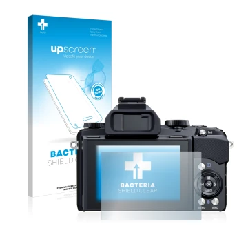 Vorderseite einer Produktverpackung mit dem Markenlogo upscreen. Daneben ist das Gerät Olympus Stylus 1 mit dem zugehörigen Di