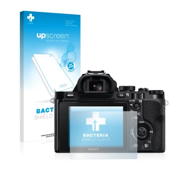 Vorderseite einer Produktverpackung mit dem Markenlogo upscreen. Daneben ist das Gerät Sony Alpha 7R (ILCE-7R) mit dem zugehör