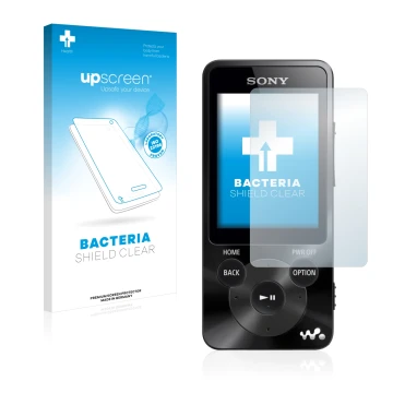 Vorderseite einer Produktverpackung mit dem Markenlogo upscreen. Daneben ist das Gerät Sony Walkman NWZ-E585 mit dem zugehörig