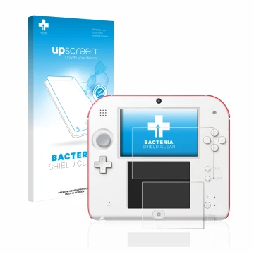 Vorderseite einer Produktverpackung mit dem Markenlogo upscreen. Daneben ist das Gerät Nintendo 2DS mit dem zugehörigen Displa