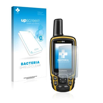 Vorderseite einer Produktverpackung mit dem Markenlogo upscreen. Daneben ist das Gerät Garmin GPSMAP 64 mit dem zugehörigen Di