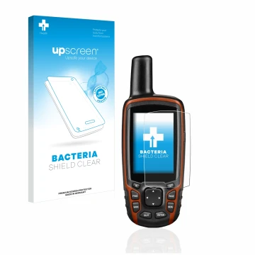 Vorderseite einer Produktverpackung mit dem Markenlogo upscreen. Daneben ist das Gerät Garmin GPSMAP 64s mit dem zugehörigen D