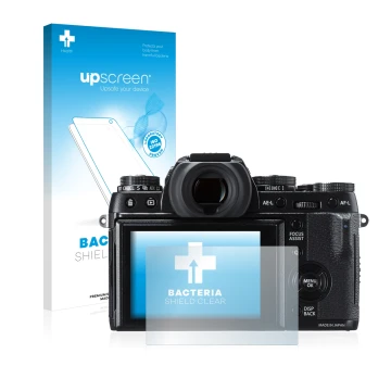 Vorderseite einer Produktverpackung mit dem Markenlogo upscreen. Daneben ist das Gerät Fujifilm X-T1 mit dem zugehörigen Displ