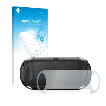 Vorderseite einer Produktverpackung mit dem Markenlogo upscreen. Daneben ist das Gerät Sony Playstation PCH-1000-Serie PS Vita