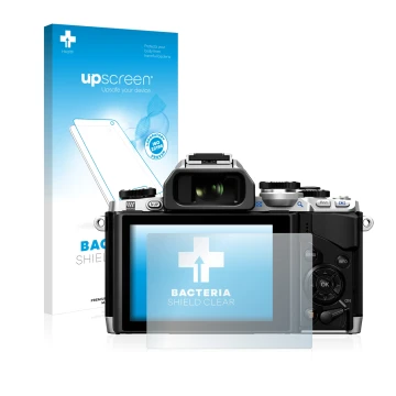 Vorderseite einer Produktverpackung mit dem Markenlogo upscreen. Daneben ist das Gerät Olympus OM-D E-M10 mit dem zugehörigen 