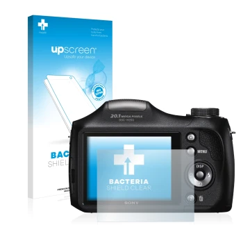 Vorderseite einer Produktverpackung mit dem Markenlogo upscreen. Daneben ist das Gerät Sony Cyber-Shot DSC-H300 mit dem zugehö