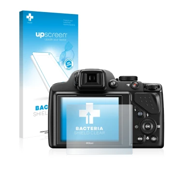 Vorderseite einer Produktverpackung mit dem Markenlogo upscreen. Daneben ist das Gerät Nikon Coolpix P530 mit dem zugehörigen 