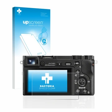 Vorderseite einer Produktverpackung mit dem Markenlogo upscreen. Daneben ist das Gerät Sony Alpha 6000 mit dem zugehörigen Dis