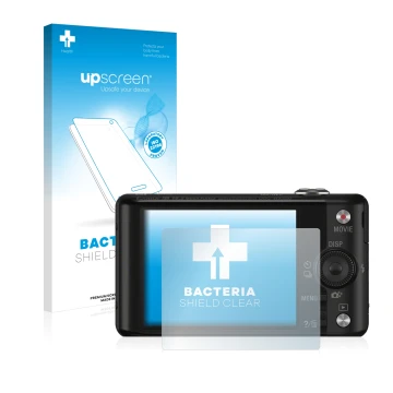 Vorderseite einer Produktverpackung mit dem Markenlogo upscreen. Daneben ist das Gerät Sony Cyber-Shot DSC-WX220 mit dem zugeh