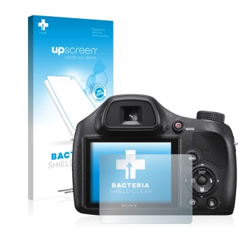 Vorderseite einer Produktverpackung mit dem Markenlogo upscreen. Daneben ist das Gerät Sony Cyber-Shot DSC-H400 mit dem zugehö