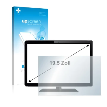 Vorderseite einer Produktverpackung mit dem Markenlogo upscreen. Daneben ist das Gerät mit dem zugehörigen Displayschutz abgeb