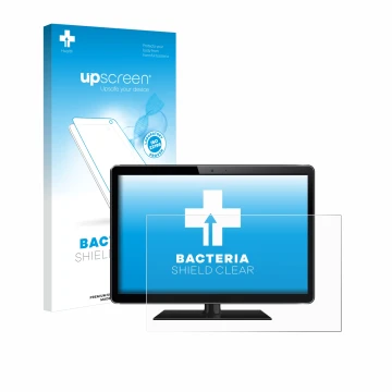 Vorderseite einer Produktverpackung mit dem Markenlogo upscreen. Daneben ist das Gerät mit dem zugehörigen Displayschutz abgeb