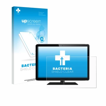 Vorderseite einer Produktverpackung mit dem Markenlogo upscreen. Daneben ist das Gerät mit dem zugehörigen Displayschutz abgeb