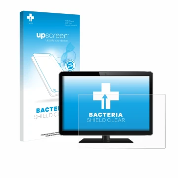 Vorderseite einer Produktverpackung mit dem Markenlogo upscreen. Daneben ist das Gerät mit dem zugehörigen Displayschutz abgeb